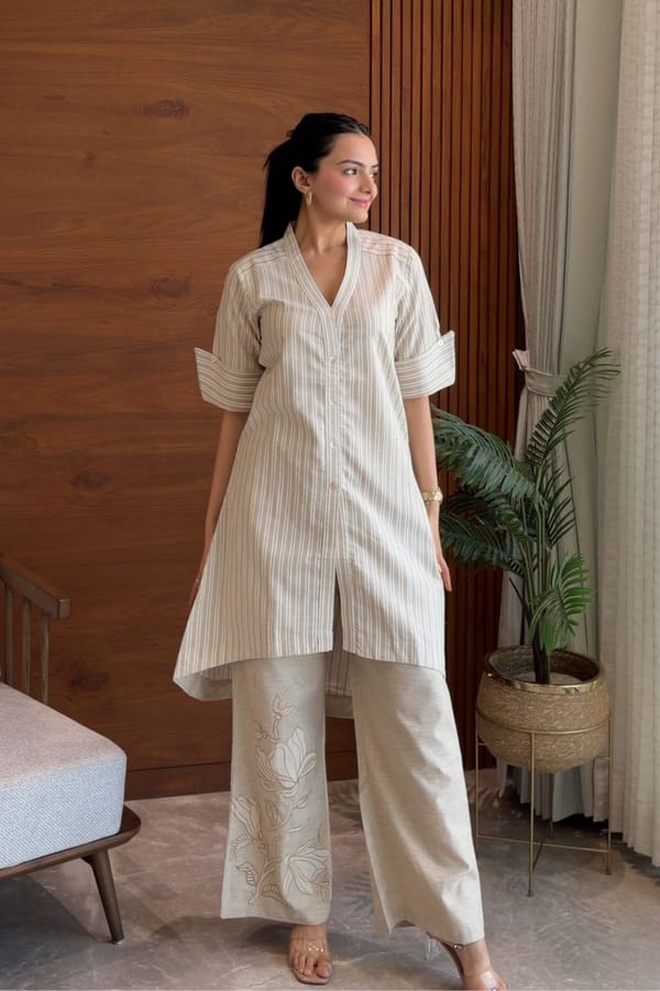 Striped Beige Embroidered Kurta Set — Truly SMA