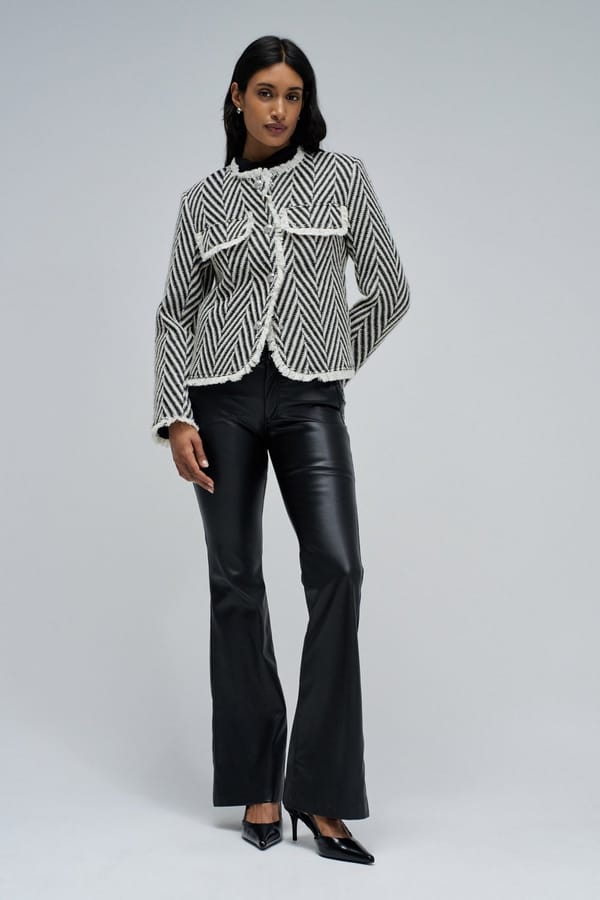 Black and Off-White Chevron Fringe-Trim Cropped Jacket — SALSA JEANS