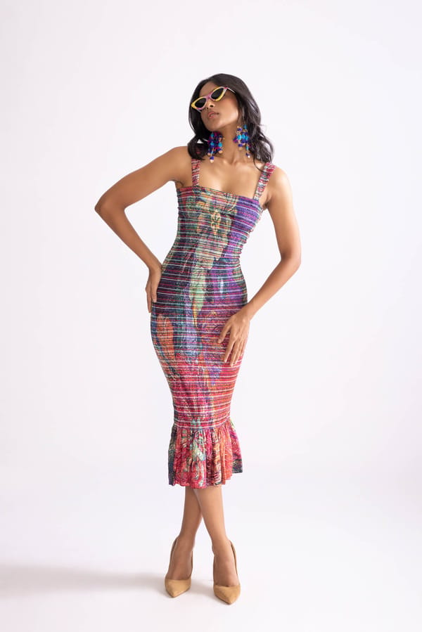 Multi Colour Daisy Print Ruched Bodycon Midi Dress — Saaksha and Kinni