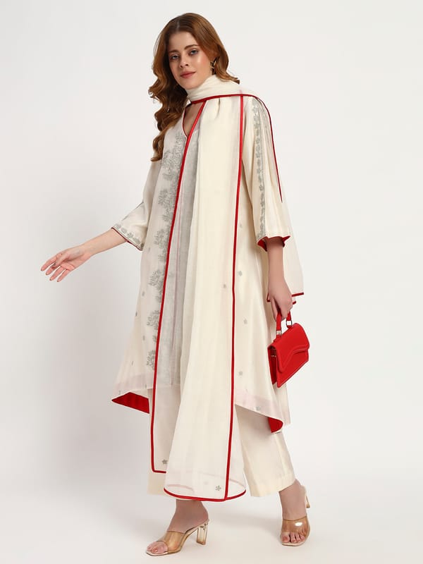 Ivory Silk-Chanderi Kurta Set with Red Piping — Gotta Kinari