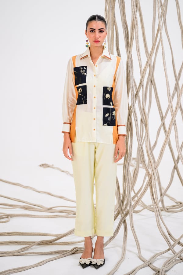 Off White/Tan Colorblocked Chanderi Silk Shirt — The Dramebaaz Company