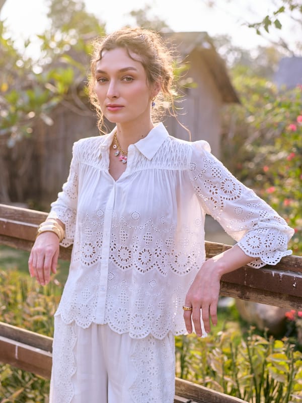 White Cotton Eyelet Cutwork Button-Down Shirt Top — Style Island