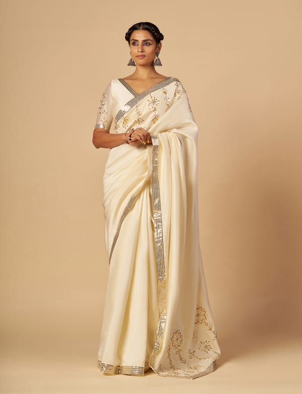Off White Chanderi Saree with Gold Embellished Border — Gulabo by Abu Sandeep