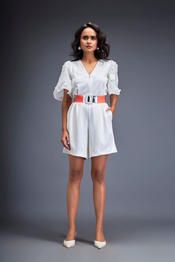 Playsuit with Voluminous Sleeves and Neon-Silver Belt — Deepika Arora