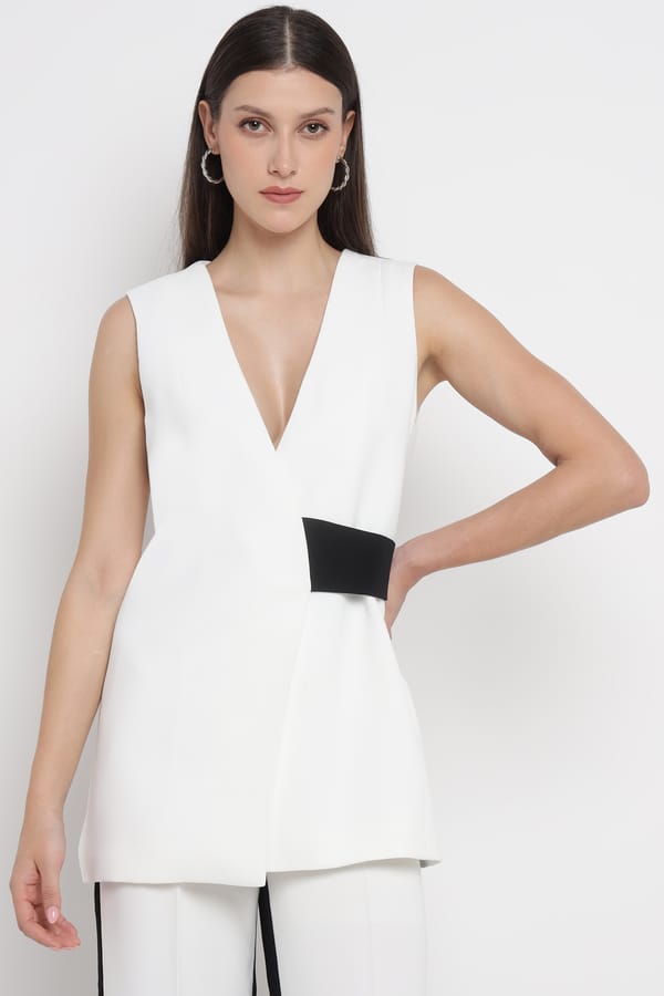 White V-Neck Longline Waistcoat with Black Waist Accent — Diana Gallesi