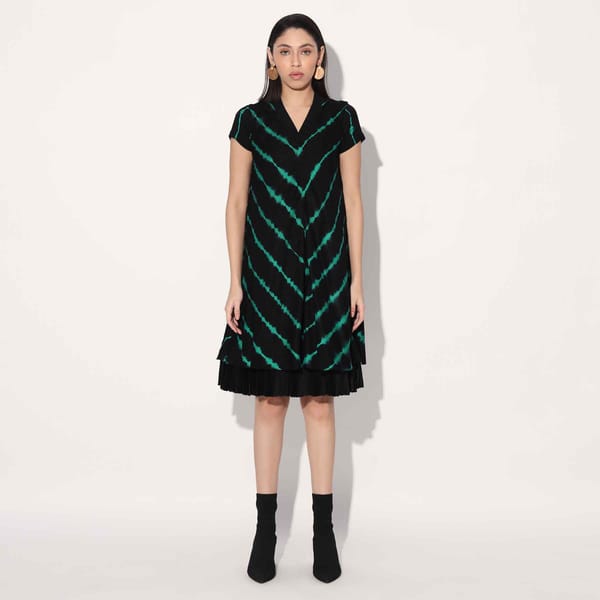 Black/Green Shibori Chevron A-Line Knee-Length Dress — Linetribe