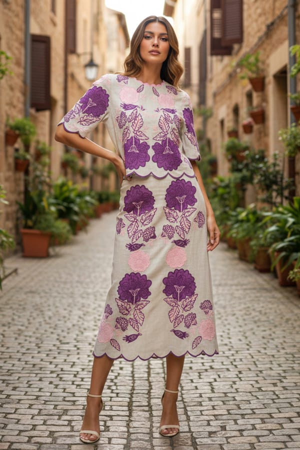 Cream Linen Applique Embroidered Co-ord Set — BOHO-CHIC