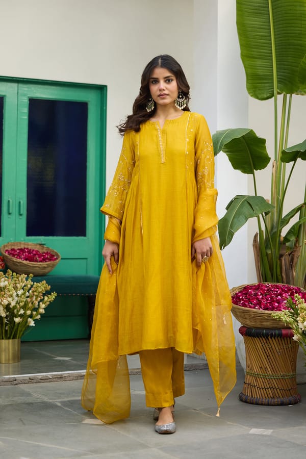 Yellow Silk Chanderi Embroidered A-Line Kurta Set — Trendy Tokari