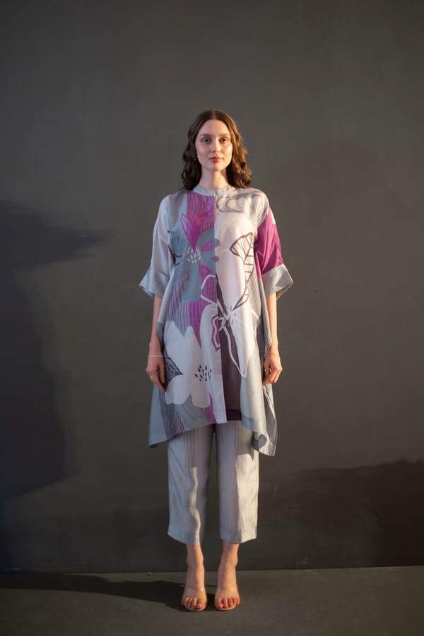 Grey & Purple Asymmetric Kurta Set — CLOS