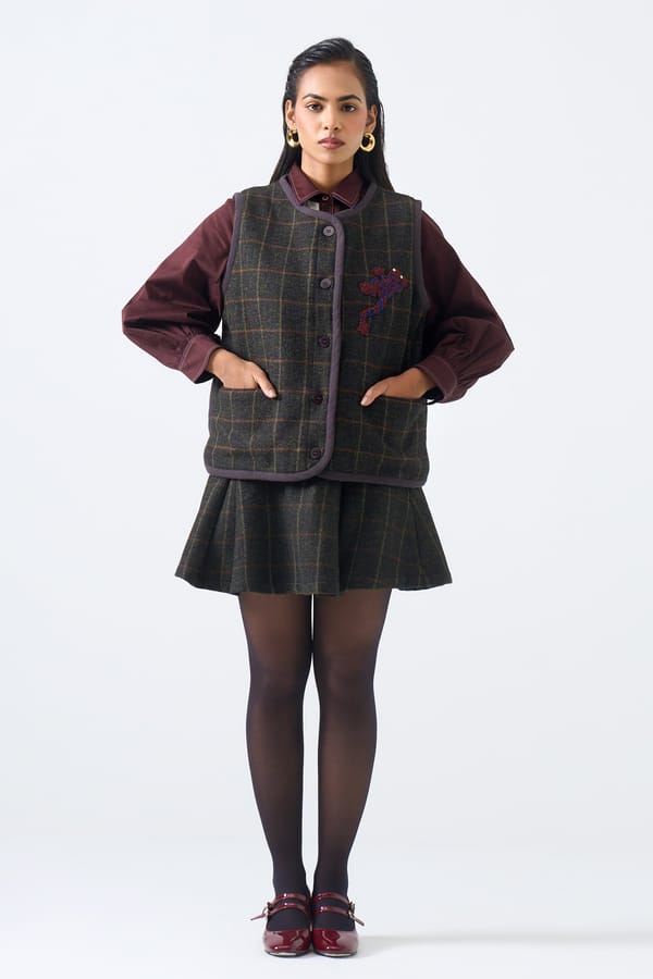 Olive Green Checked Pleated Mini Skirt — STITCH STORIES
