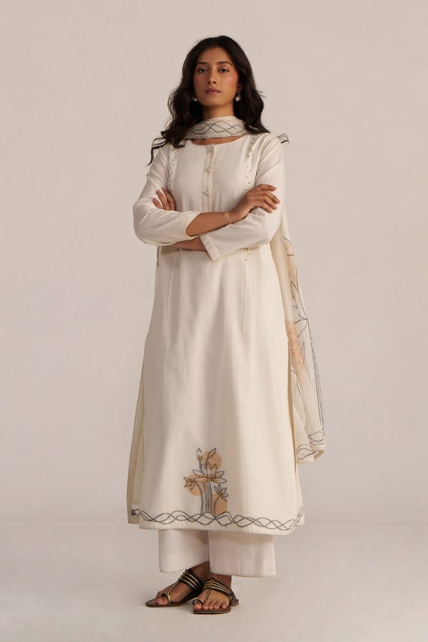 Off White Cotton Straight Kurta Set with Chiffon Dupatta — Ganga Fashions Pvt Ltd