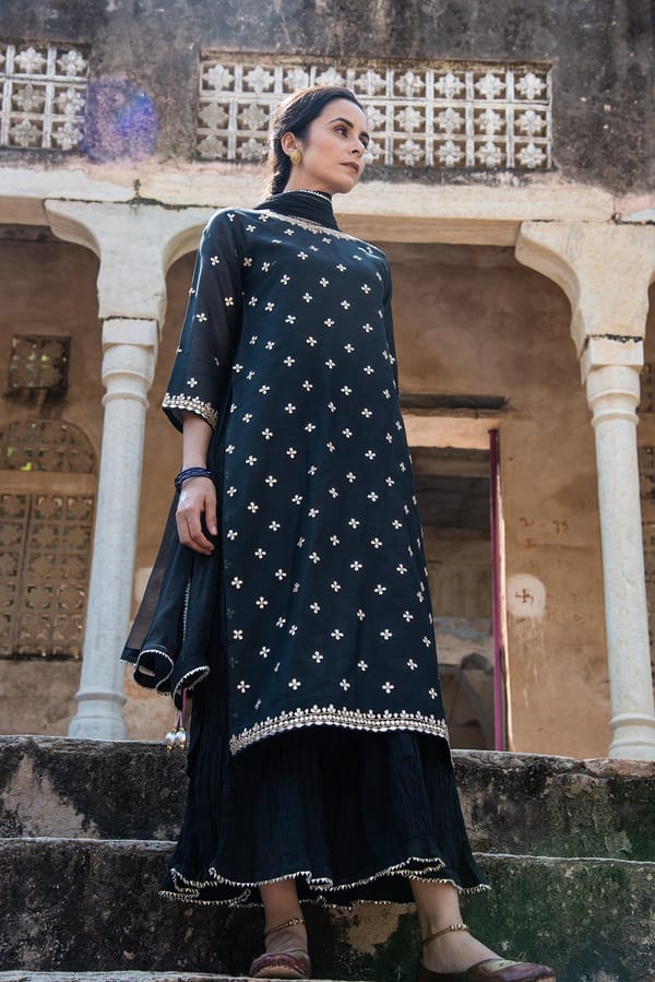 Festive Night Black Gota Work Chanderi Suit Set — Kameez