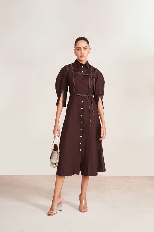 Chocolate Brown Cotton Poplin Midi Shirt Dress — NOTEBOOK