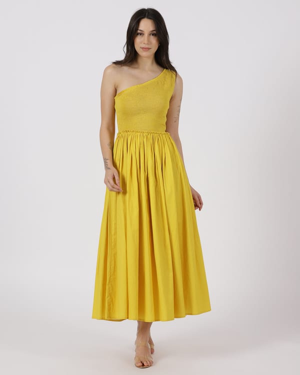 Golden One-Shoulder Smocked Fit and Flare Midi Dress — House of Soi