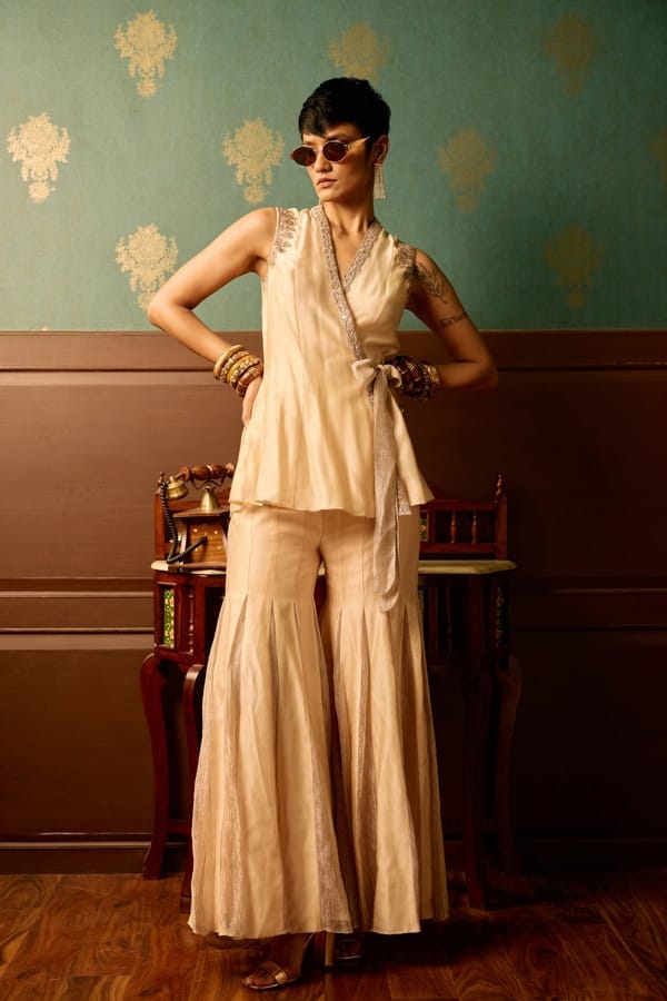 Baby Pink Silk Chanderi Peplum Top and Garara Set — Reeti Arneja