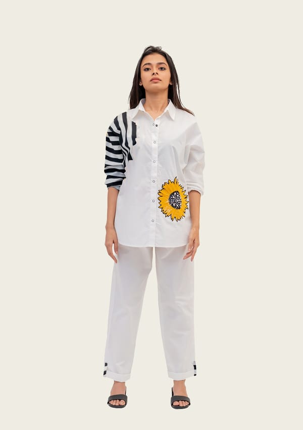 White Cotton Shirt and Pants Co-ord Set with Embroidery — Richa Goenka