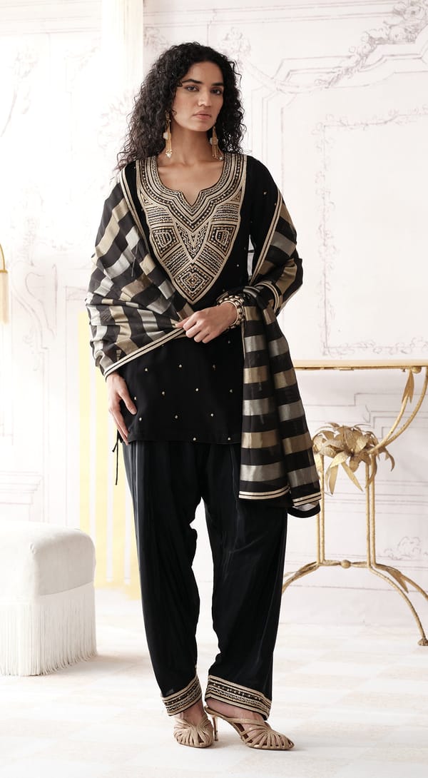 Black Straight Kurta Set with Mirror Work Yoke and Dupatta — Basanti Kapde aur Koffee