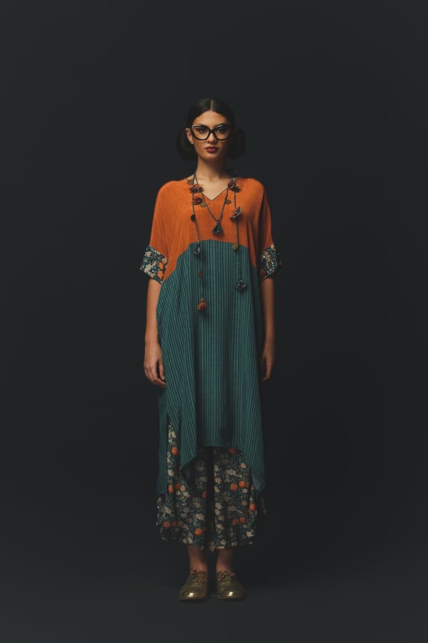 Blue Colorblock Crepe Kurta and Dhoti Set — Basil Leaf