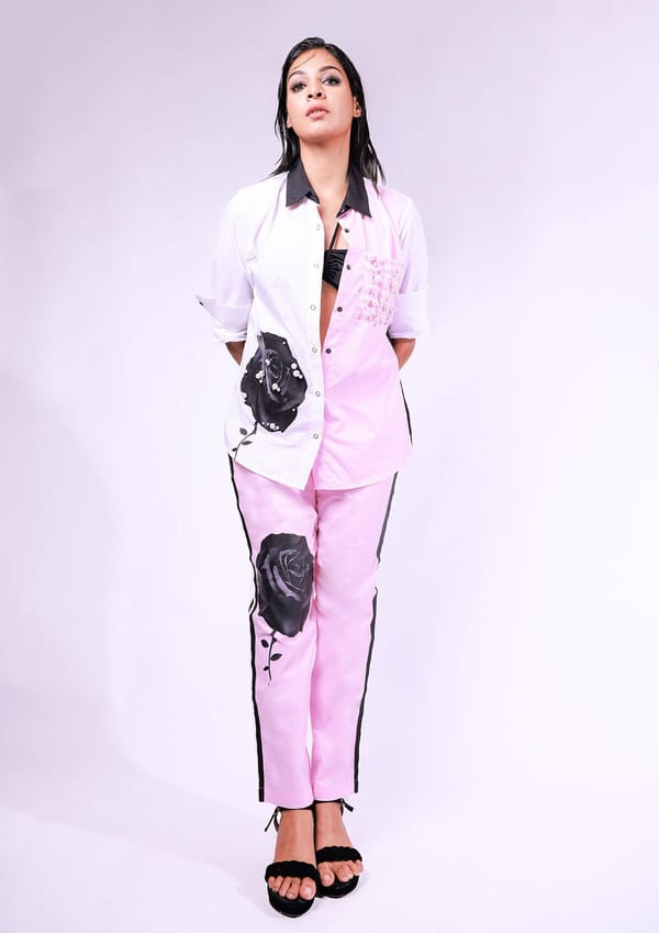 Pink & White Comfort Fit Cotton Shirt with Embellishment — Richa Goenka