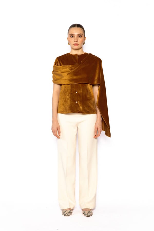 Brown Korean Velvet Asymmetric Drape Button-Front Top — Contemponari