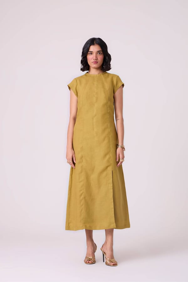 Olive Linen High Neck Midi Dress with Front Slit — The Summer House