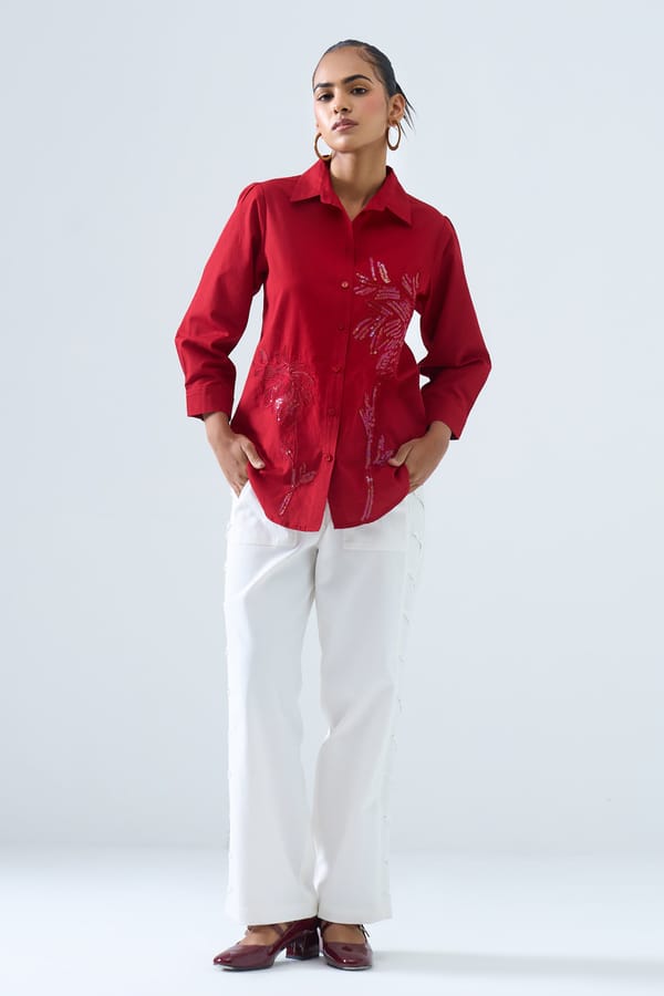 Red Cotton Button-Down Shirt with Tonal Sequin Embroidery — STITCH STORIES