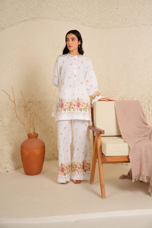 White Cotton Linen Floral Kurta and Trouser Set — Moh India