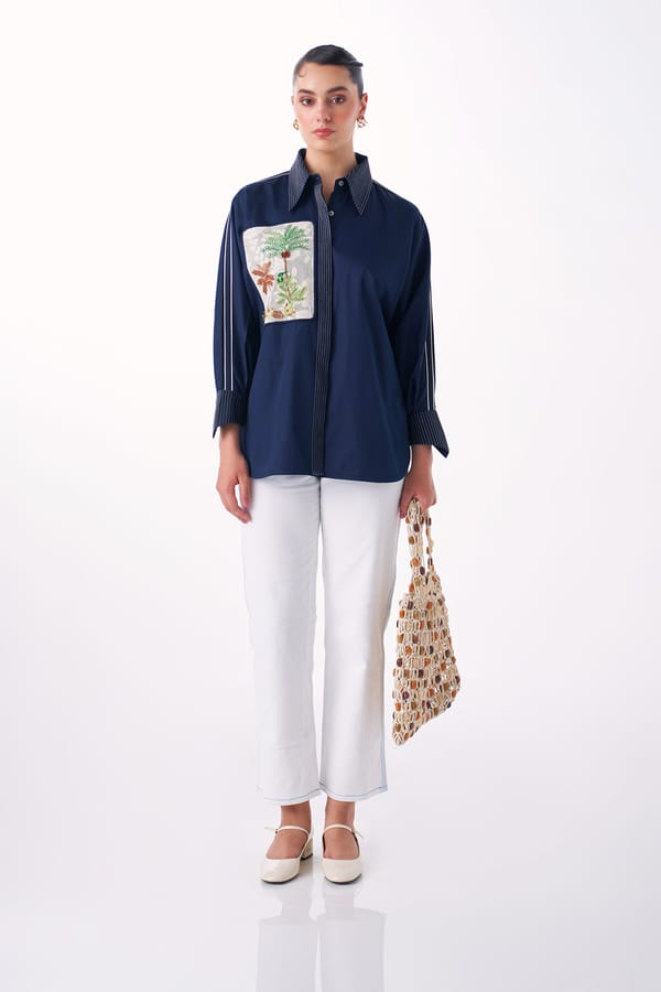 Navy Cotton Satin Anti-Fit Shirt with Lace Applique — Our Love