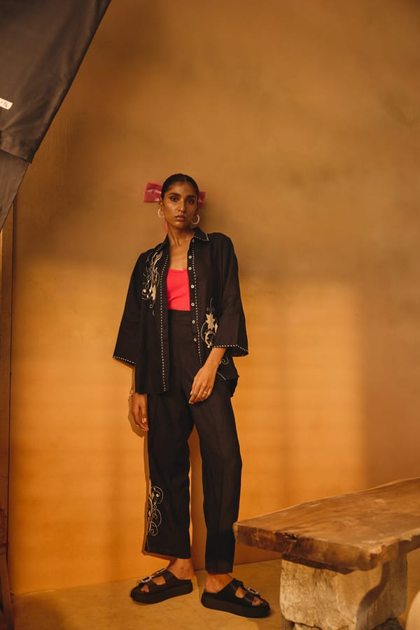 Navy Linen Embroidered Shirt and Trousers Co-ord Set — Linen Bloom