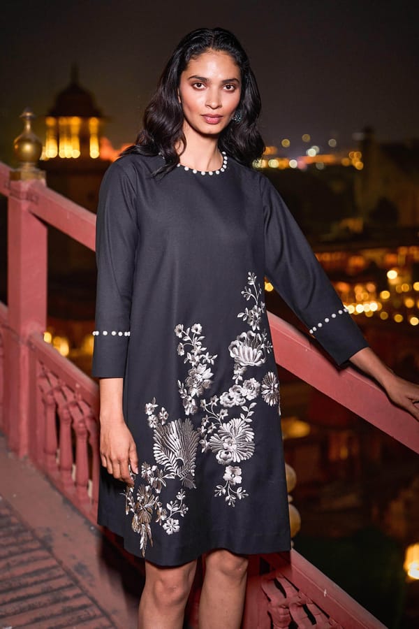 Black A-Line Knee-Length Dress with Pearl and Thread Embroidery — Dash and Dot