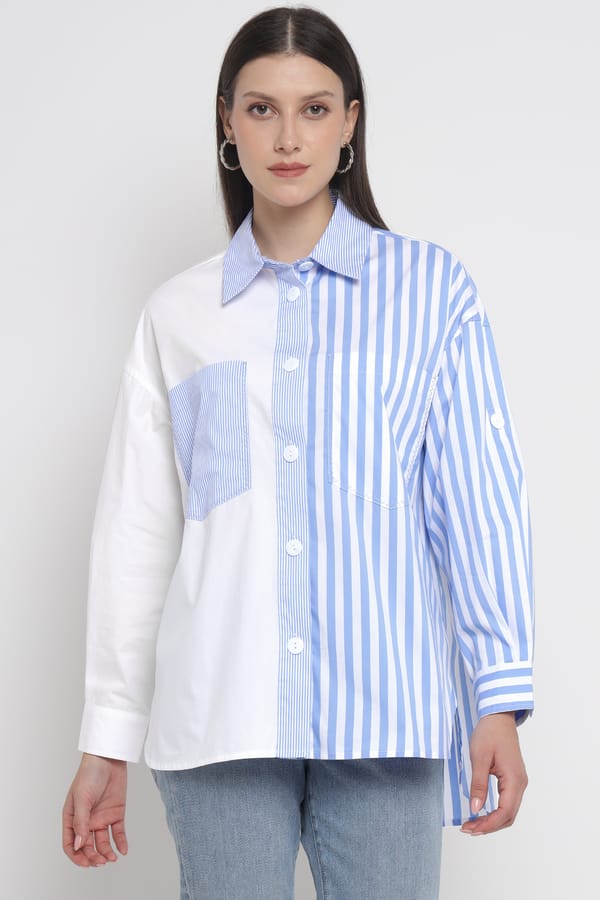 White and Light Blue Colorblocked Striped Button-Up Shirt — Diana Gallesi