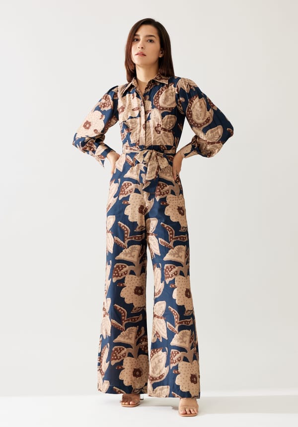 Dark Blue And Beige Floral Jumpsuit — KoAi
