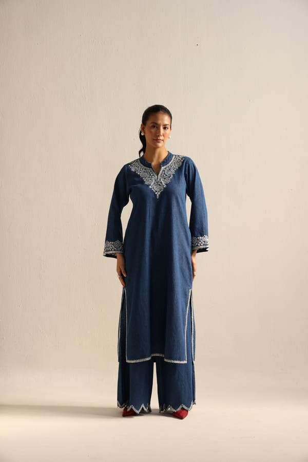 Blue Denim Embroidered Kurta and Wide-Leg Pants Co-ord Set — Designs by Queen Bee