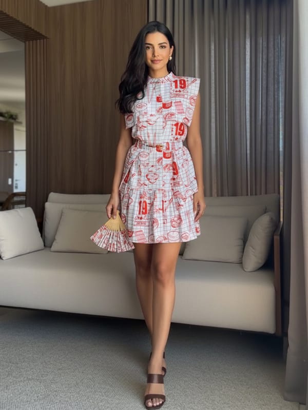 White Pop-Art Print Fit and Flare Belted Dress — HOUSE OF FETT