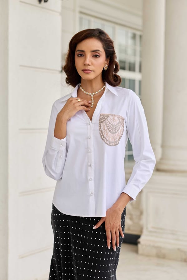 Pocketed Aura Classic White French Lace Cotton Shirt — DAREISS