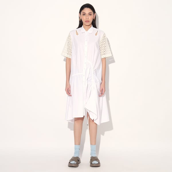 White Cotton A-Line Shirtdress with Cutwork Sleeves — Linetribe