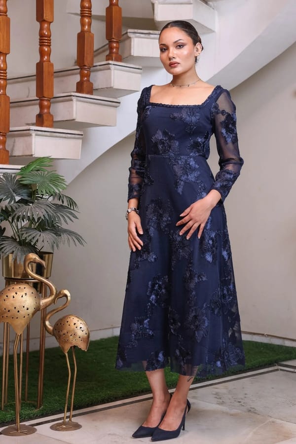 Navy Floral Textured Midi — EDITION II