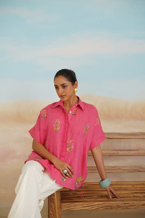 Brick Linen Embroidered Shirt and Cream Pants Co-ord Set — NEETIKA CHOPRA