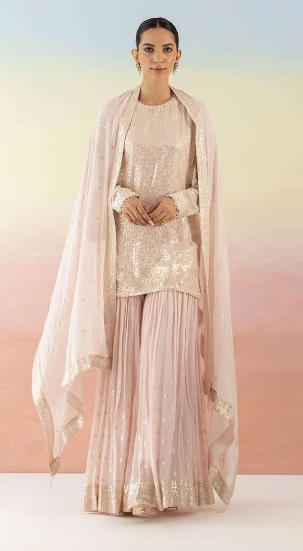 Pink Sequin Georgette Kurta Sharara Set With Dupatta — Basanti Kapde aur Koffee