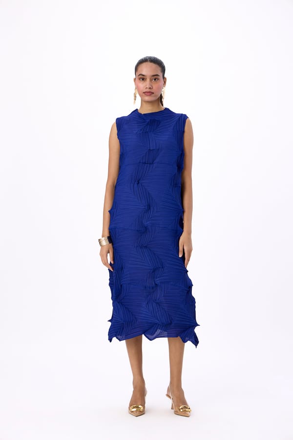 Deep Blue 3D Pleated Sleeveless Midi Shift Dress — Scarlet Sage