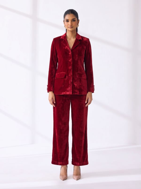 Red Velvet Blazer and Wide-Leg Pants Co-ord Set — BUMBLEBEE