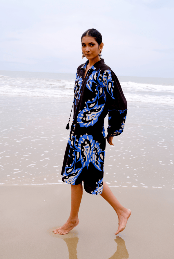 Black/Blue Abstract Print Oversized Midi Shirt Dress — JODI