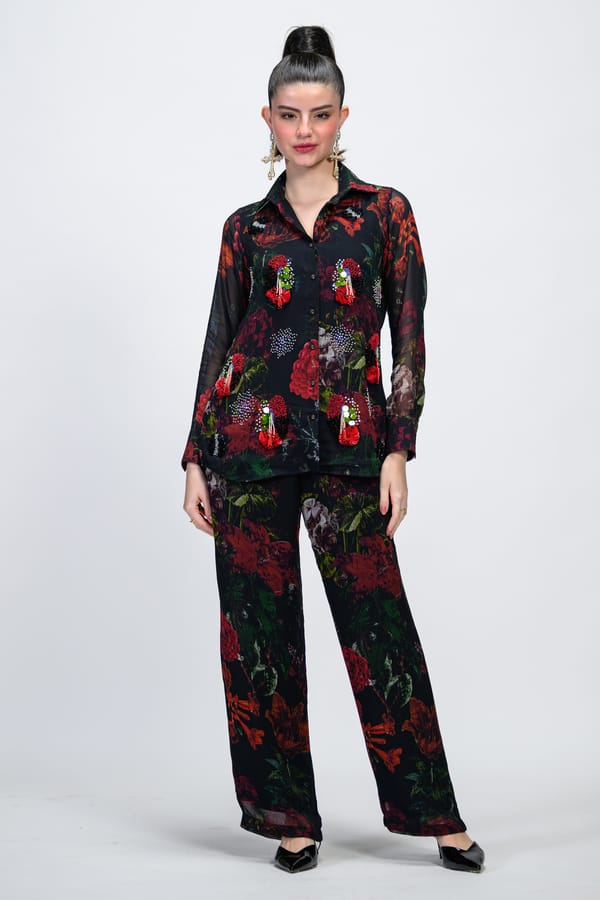 Black Floral Printed Shirt and Trousers Co-ord Set — The Dramebaaz Company