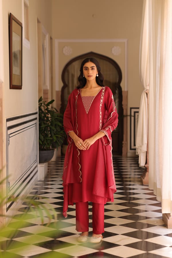 Maroon Azrina Kurta Set — Seher Jaipur