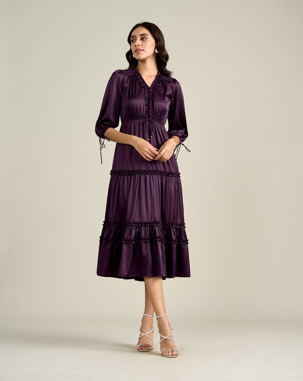 Purple Tiered Midi Dress with Ruffle V-Neck — Style Island