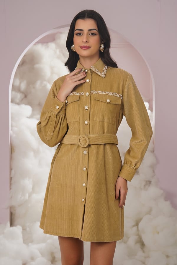 Beige Corduroy Belted Shirt Dress — Chöjé
