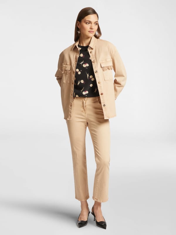 Beige Utility Button-Down Shirt with Frayed Pockets — ELENA MIRO