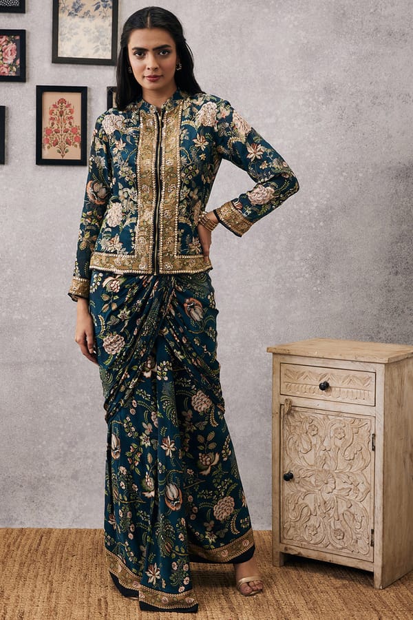 Mehr Embroidered Jacket With Drape Skirt — SOUP by Sougat Paul