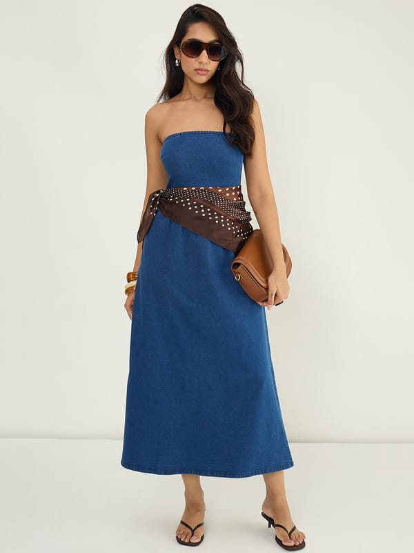 Blue Strapless Denim Maxi Dress — Femmella