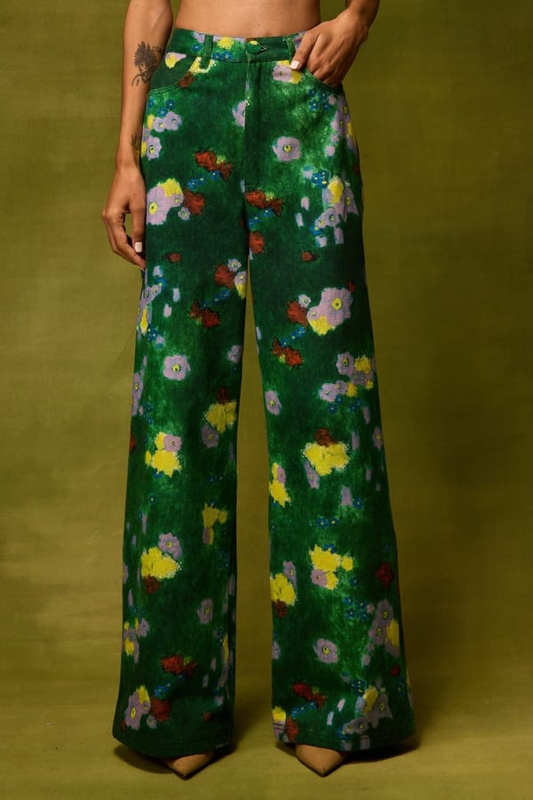 Green Floral Printed Wide-Leg Denim Trousers — Pocketful Of Cherrie